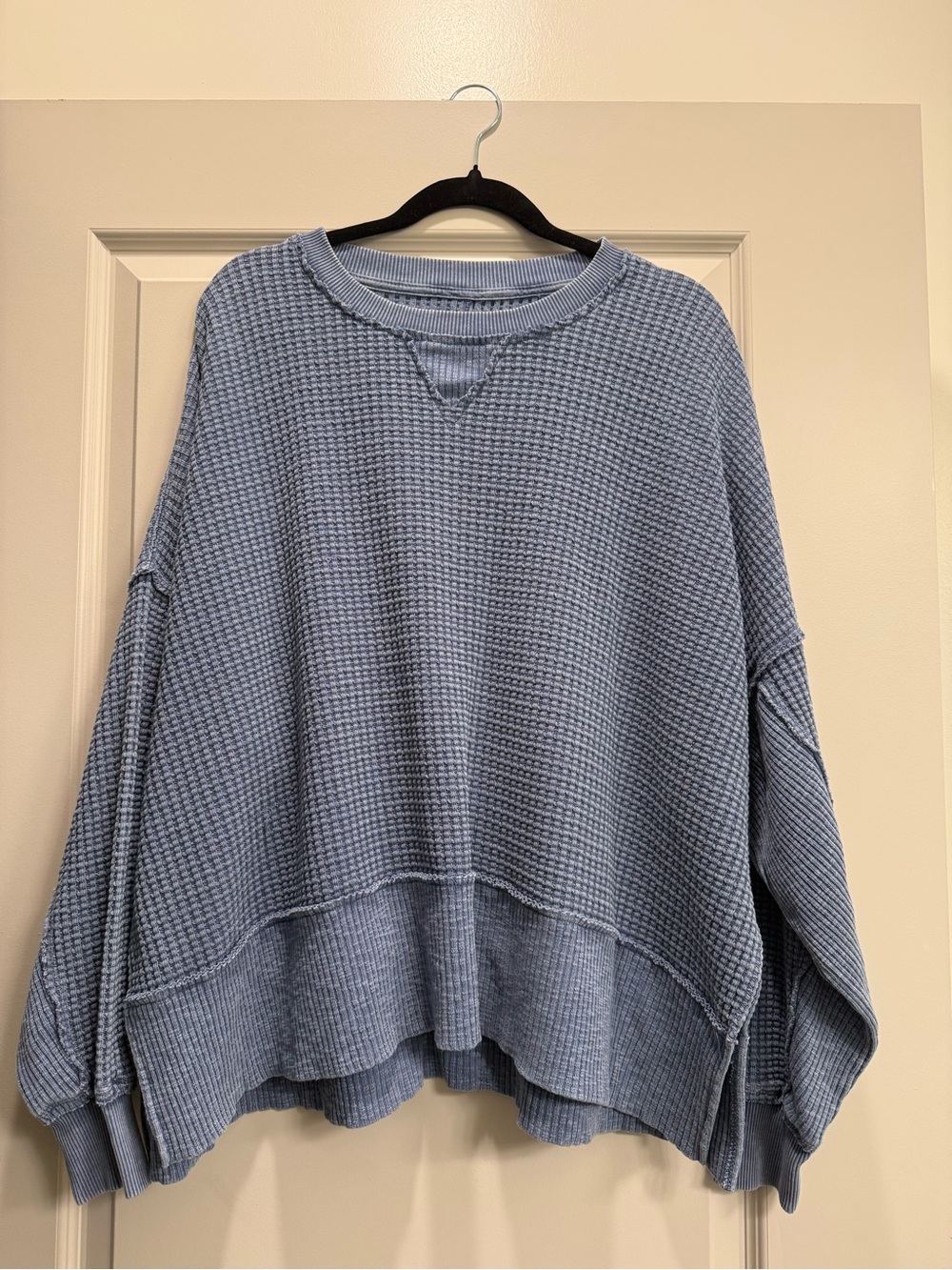 American Eagle Outfitters Relaxed Waffle Crewneck Sweater - Dusty Blue
